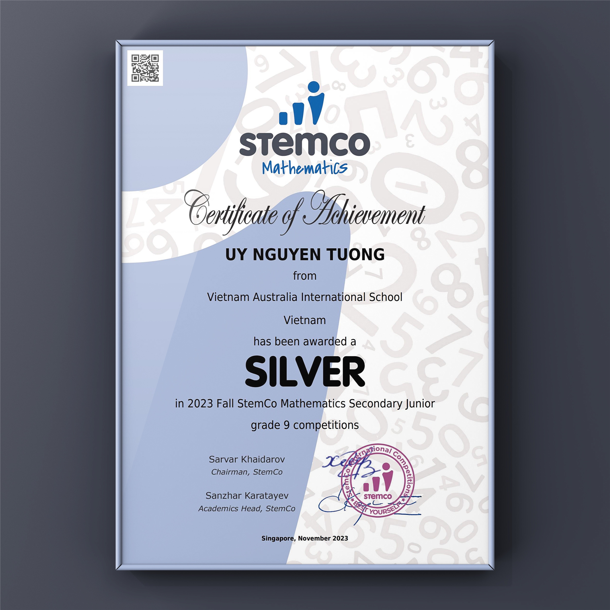 Silver Award in 2023 Fall StemCo Mathemetics Secondary Junior Grade 9 competitions