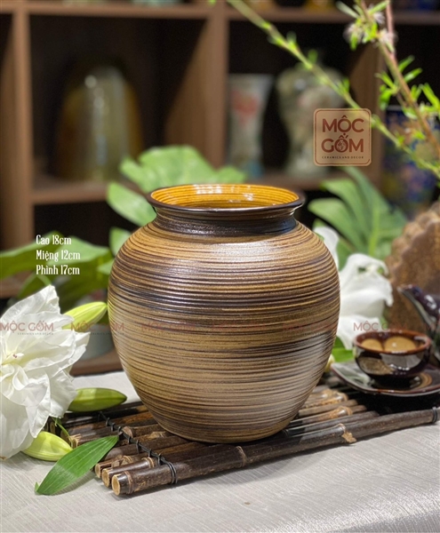 Bình gốm- dáng lu - vân ngang nâu