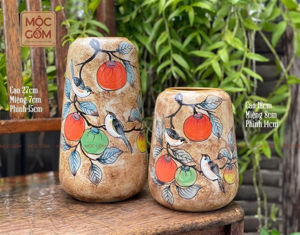 Bình gốm - set 2 binh dáng chuông bầu - vẽ cành hồng & chim