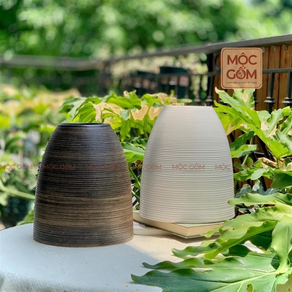 Bình gốm - set 2 bình dáng chuông size trung - nâu trắng vân ngang