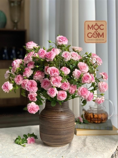 Bình gốm - set 2 binh dáng đầm - trắng nâu vân ngang size nhỏ