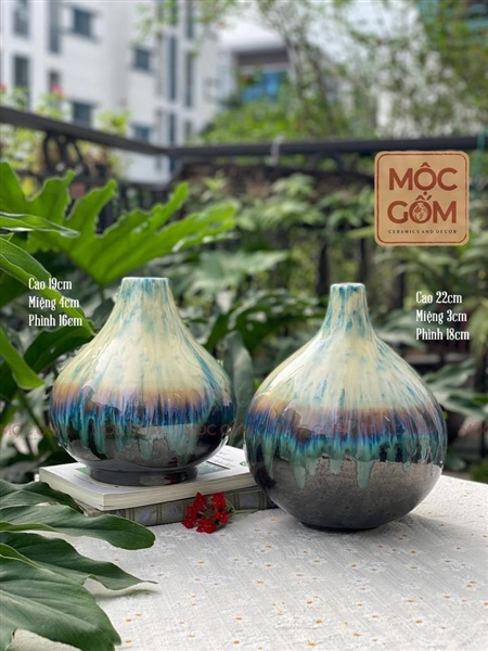 Bình gốm - set 2 bình hút lộc - men xanh hỏa biến