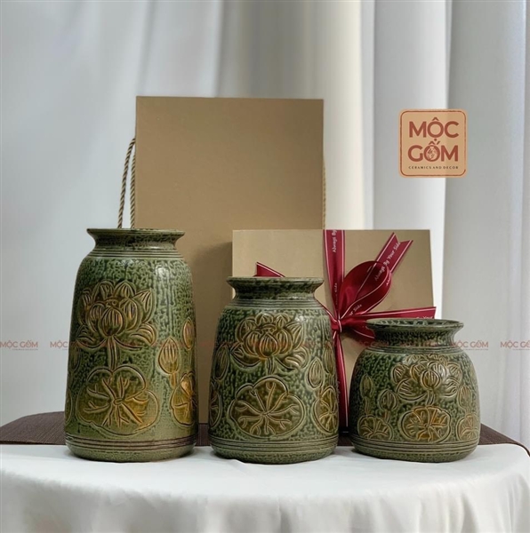 Bình gốm - set 3 bình - khắc hoa văn sen